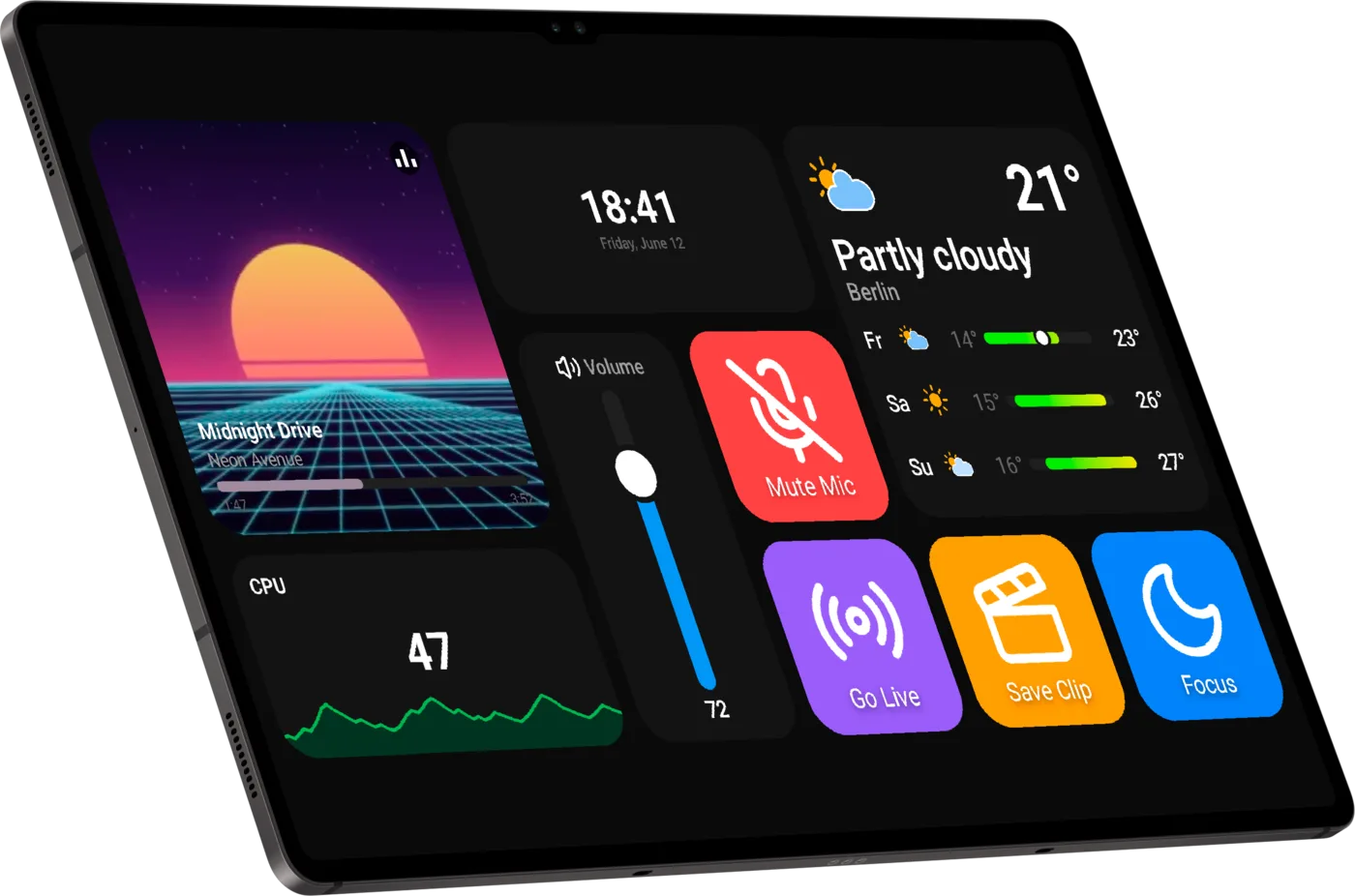 Deck Macro Deck s tlačítky, posuvníkem hlasitosti a widgety počasí, CPU a médií na tabletu s Androidem