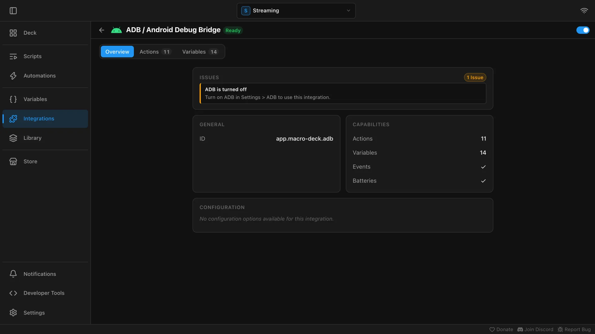 The Overview tab of the ADB / Android Debug Bridge integration, with a notice to turn on ADB in Settings