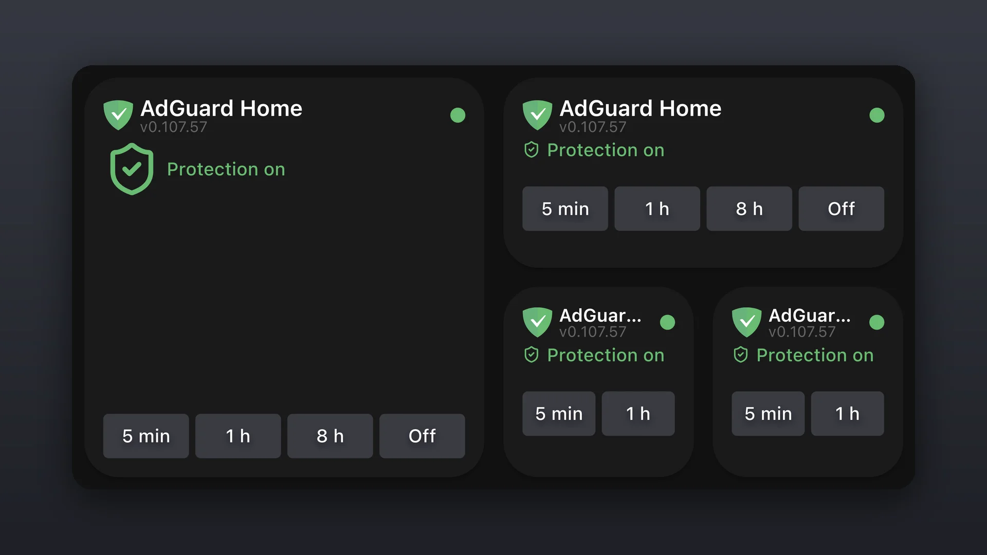 AdGuard Home widgets in four sizes showing that protection is on, with buttons to pause it