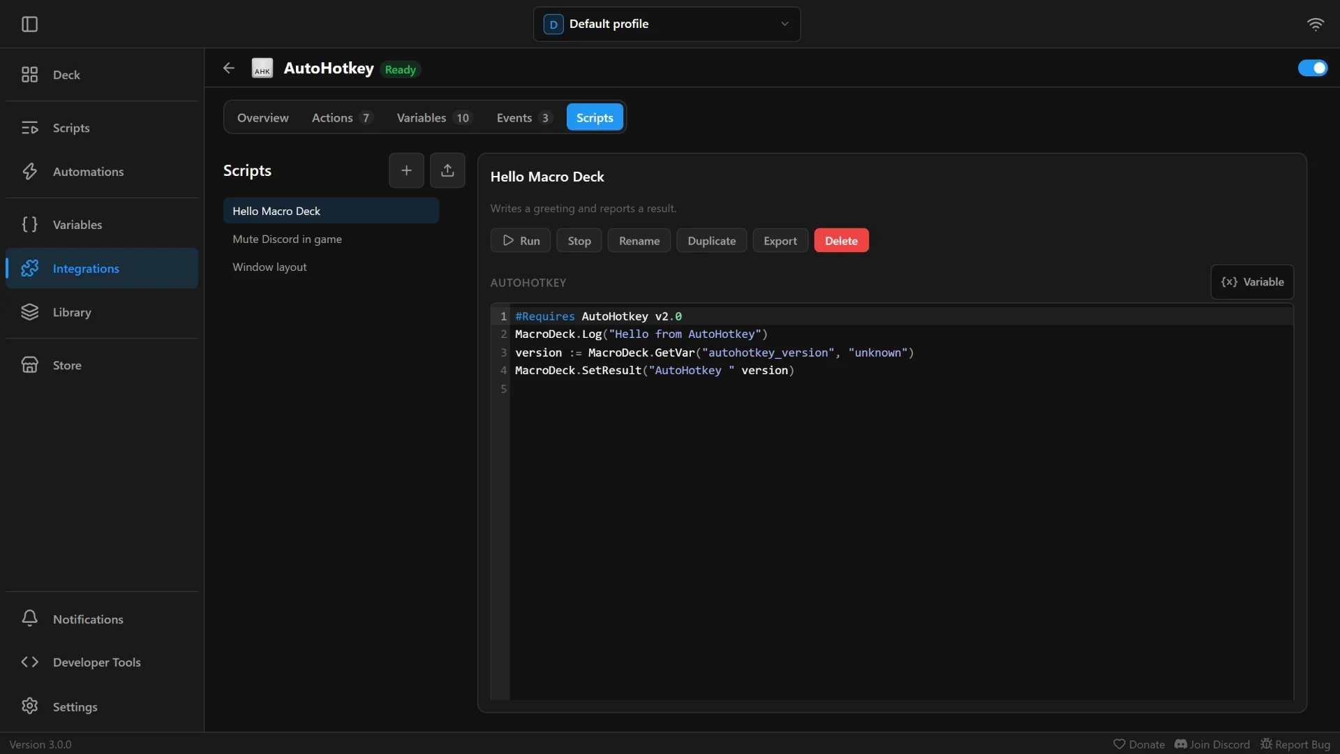 Tab Skrip integrasi AutoHotkey dengan daftar skrip dan satu skrip terbuka di editor