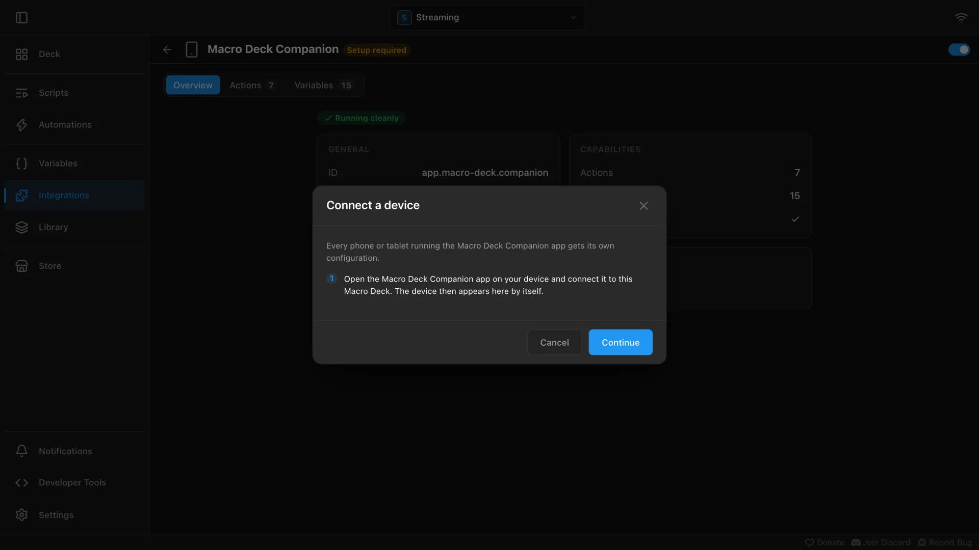 The Connect a device dialog of the Macro Deck Companion integration, which has no fields