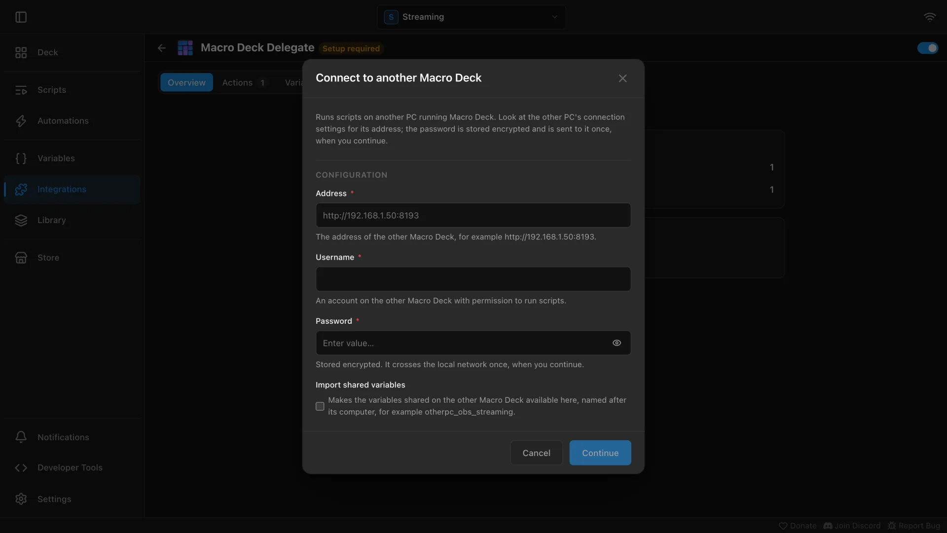 The Connect to another Macro Deck dialog with the Address, Username, Password and Import shared variables fields