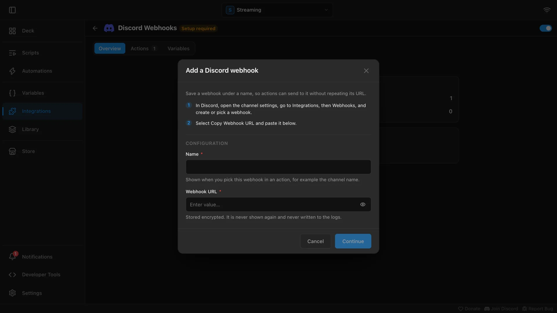 The Add a Discord webhook dialog with the Name and Webhook URL fields