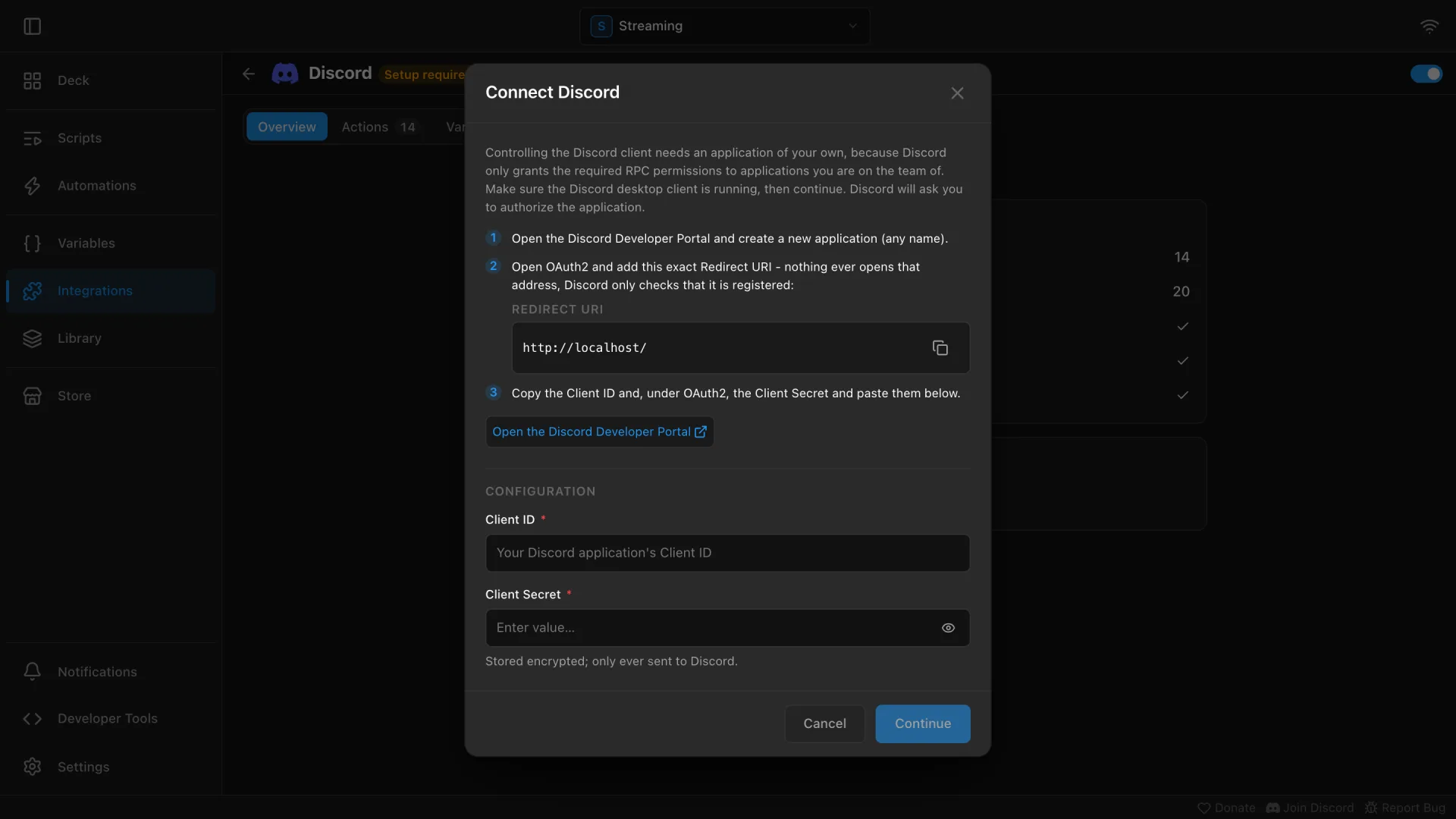The Connect Discord dialog with the Client ID and Client Secret fields