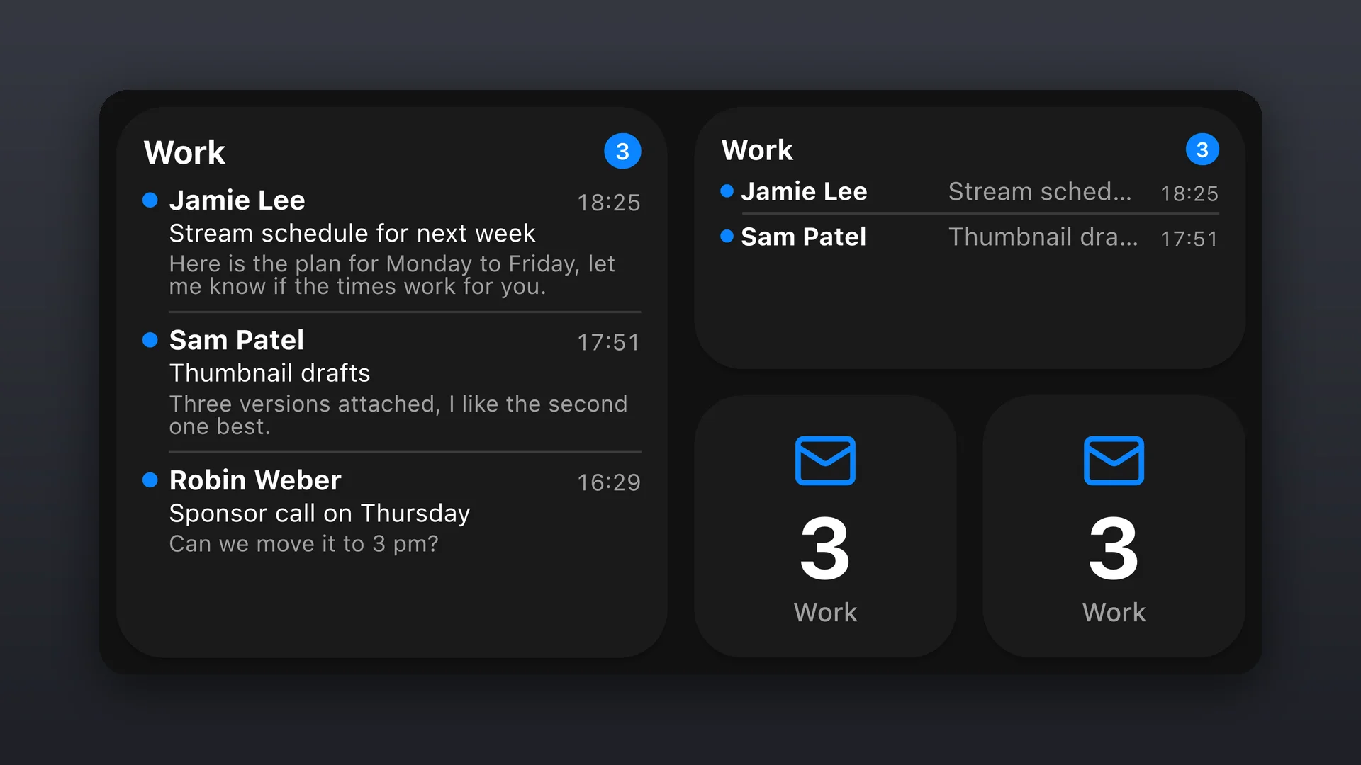 Email Inbox widgets with a list of the latest messages, the unread messages and the unread count