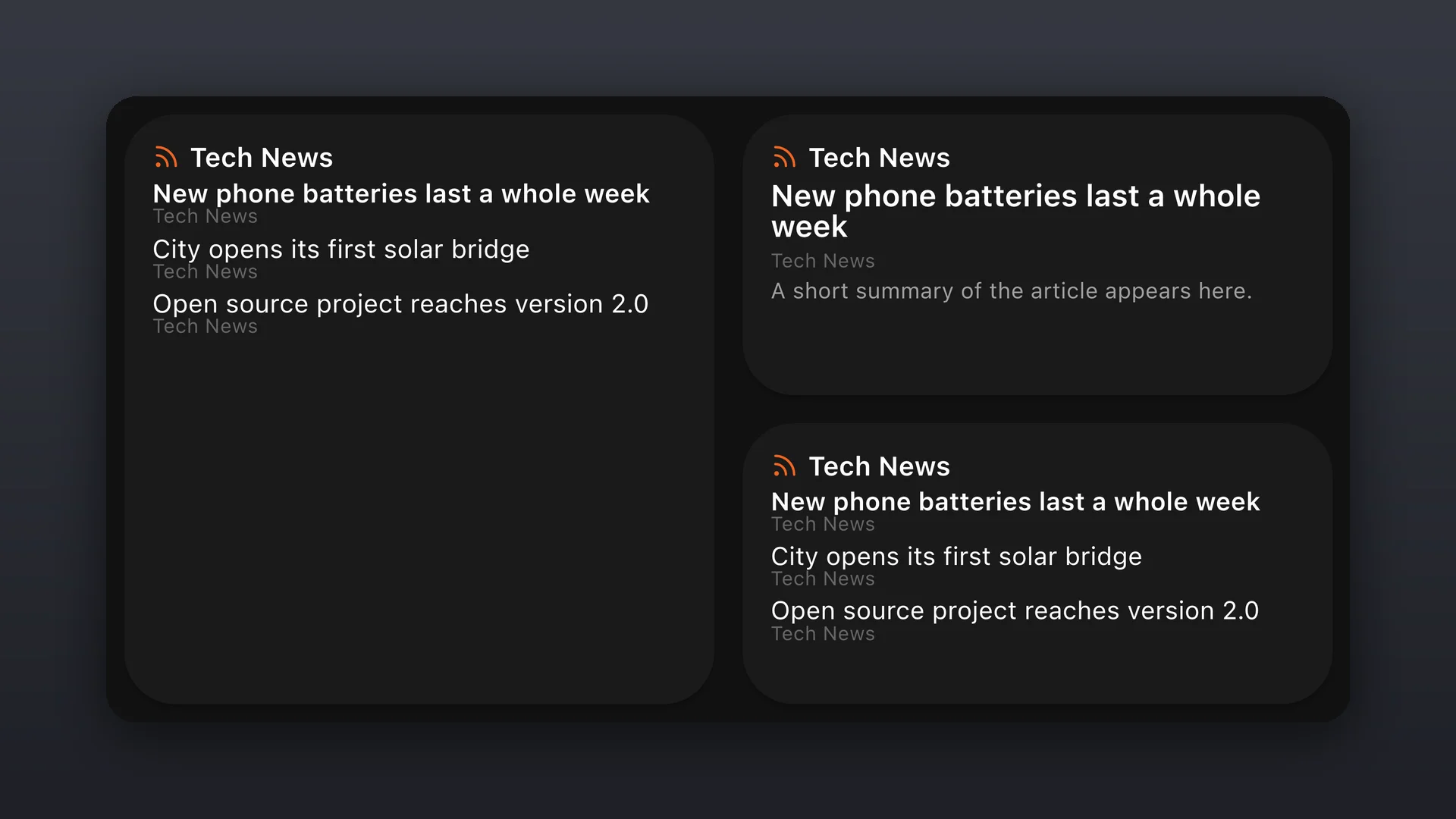 A Feed List widget and a Featured Article widget showing sample articles from a Tech News feed