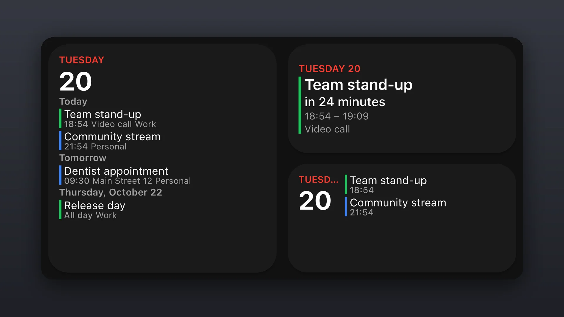 Calendar widgets with an agenda of the coming days, the next event with a countdown and a compact agenda