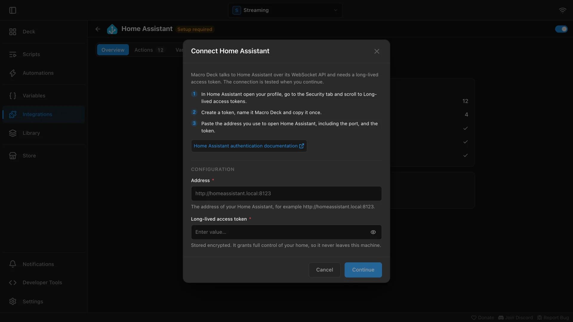 The Connect Home Assistant dialog with the Address and Long-lived access token fields
