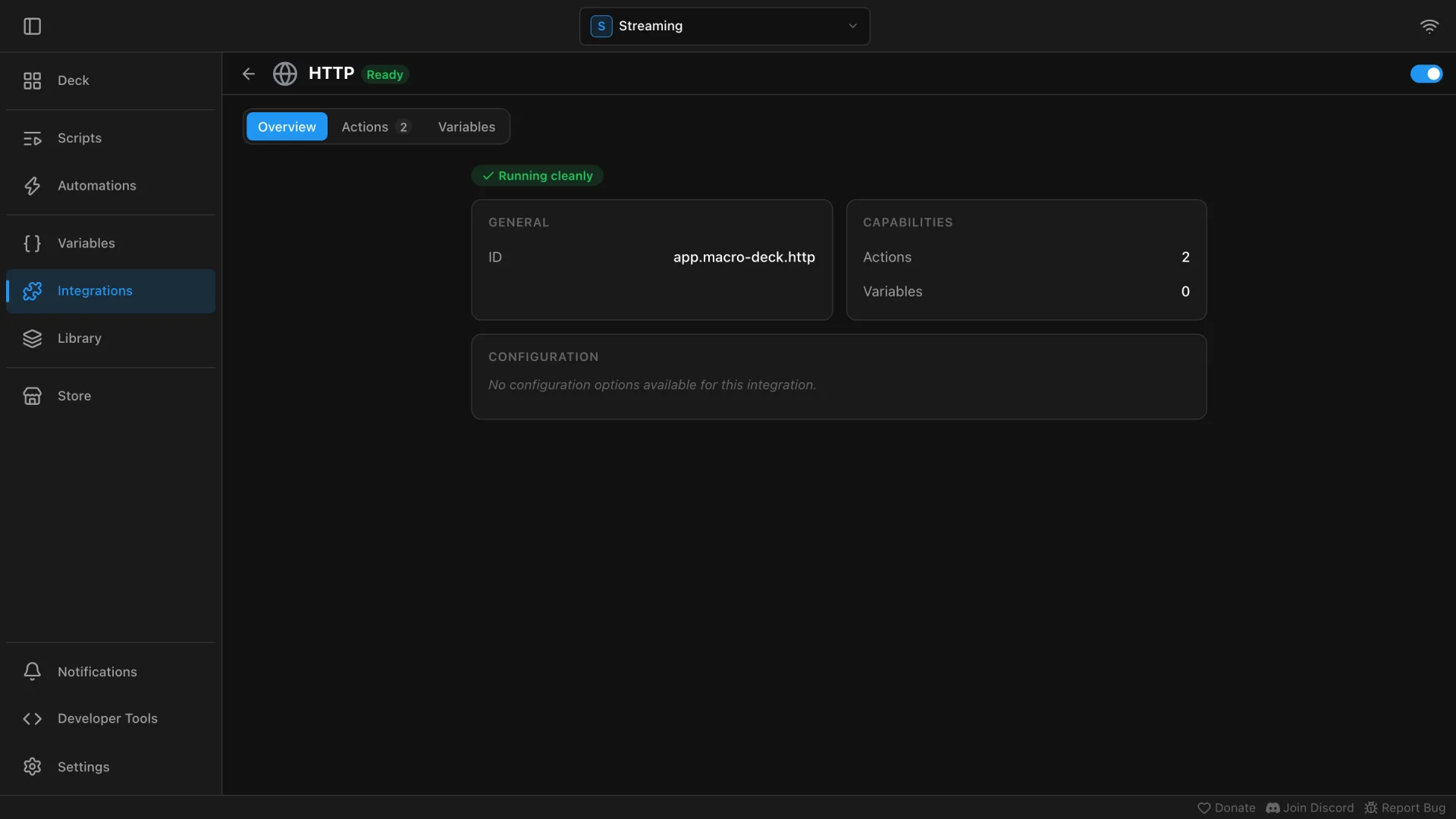 The HTTP integration page with the switch turned on and no configuration options