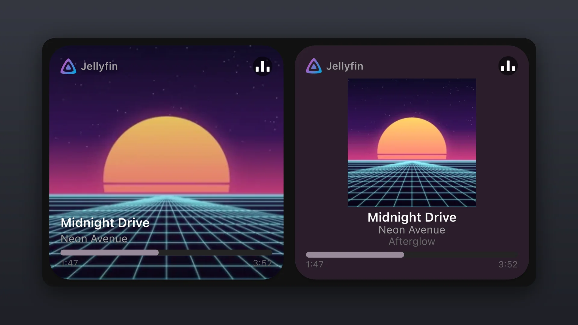 Two Music Player widgets playing a track, one in the Full cover style and one in the Small cover style, both with the Jellyfin name and logo in the header