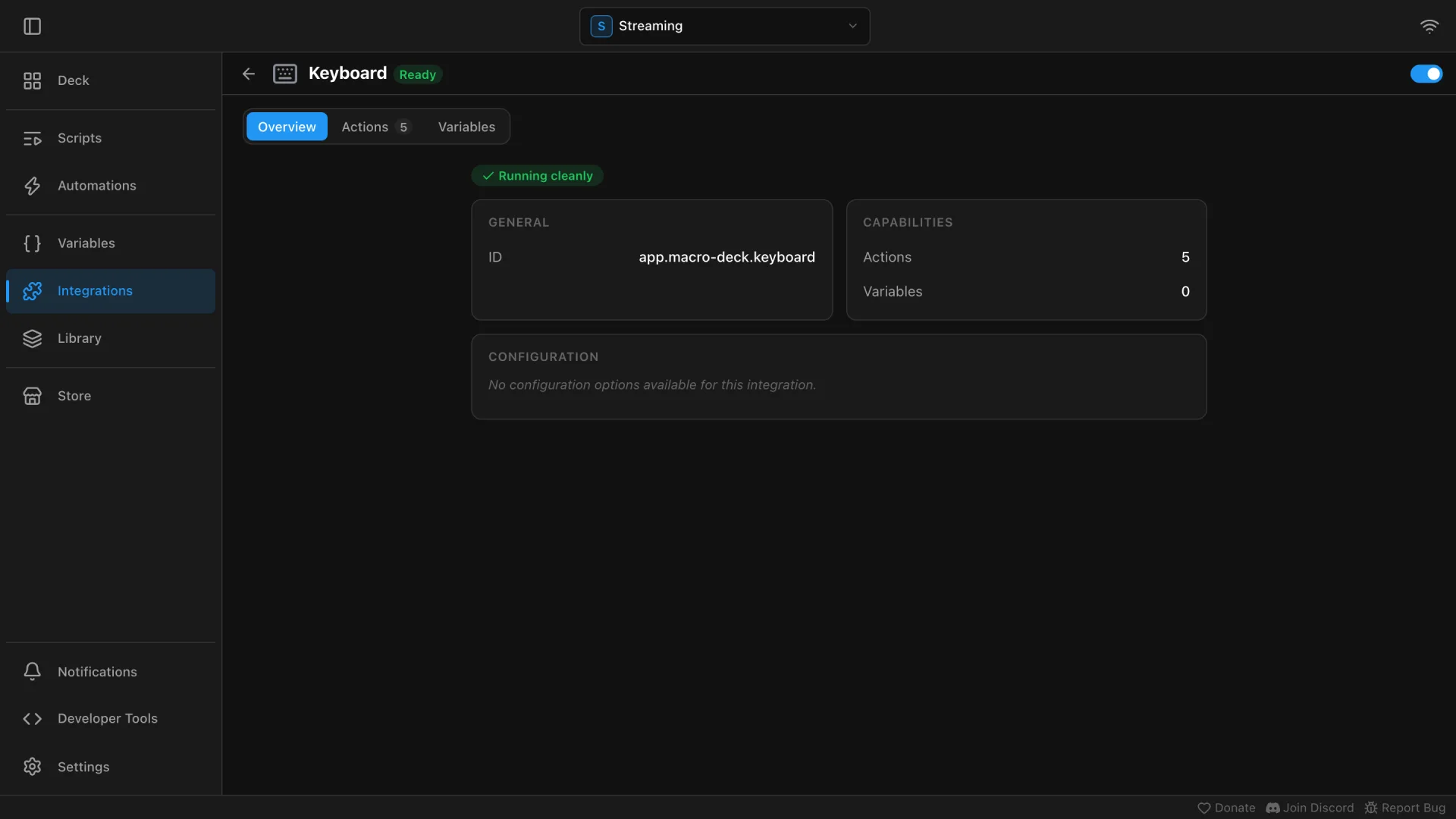 The Keyboard integration page with the switch turned on and no configuration options
