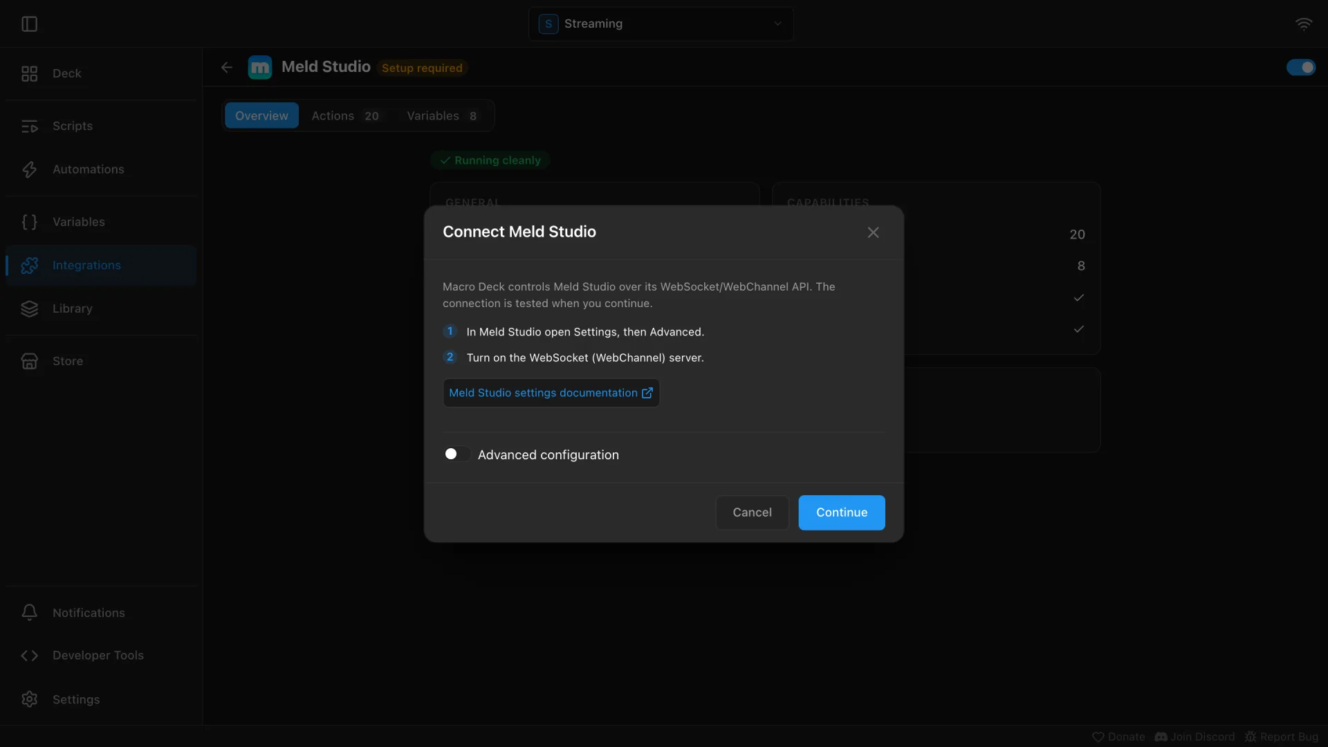The Connect Meld Studio dialog with the Advanced configuration switch