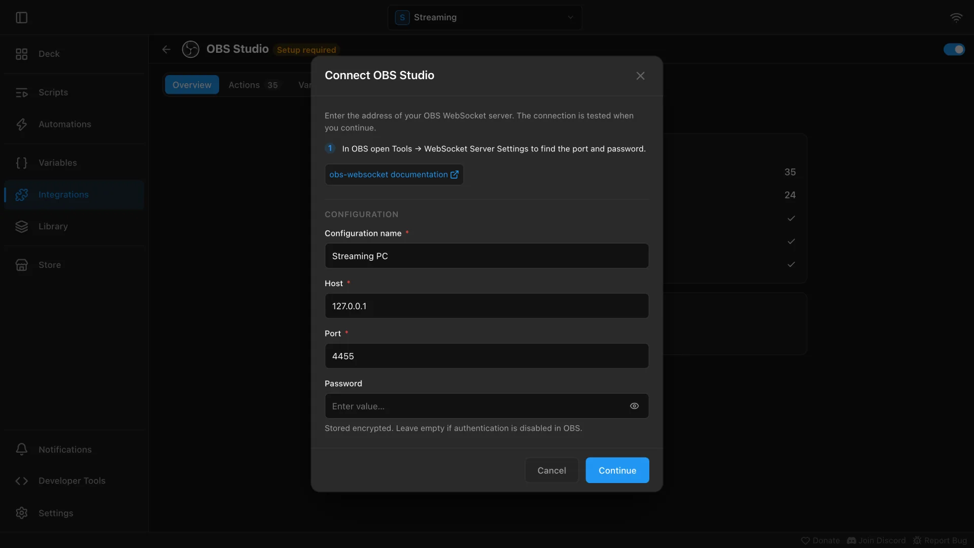 The Connect OBS Studio dialog with the configuration name, host, port and password
