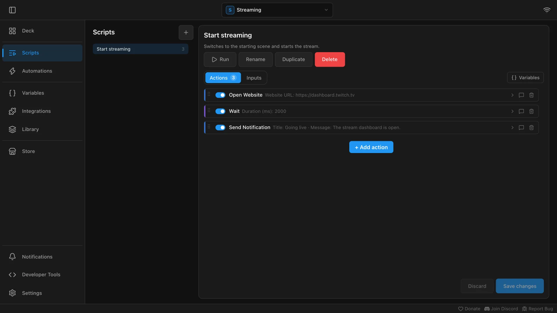 A script on the Scripts page with a Wait and a Press Key / Combination action