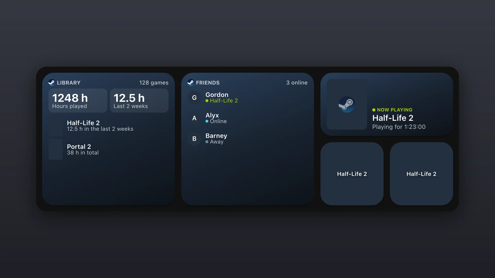 The Steam library, Steam friends, Steam currently playing and Steam game launcher widgets