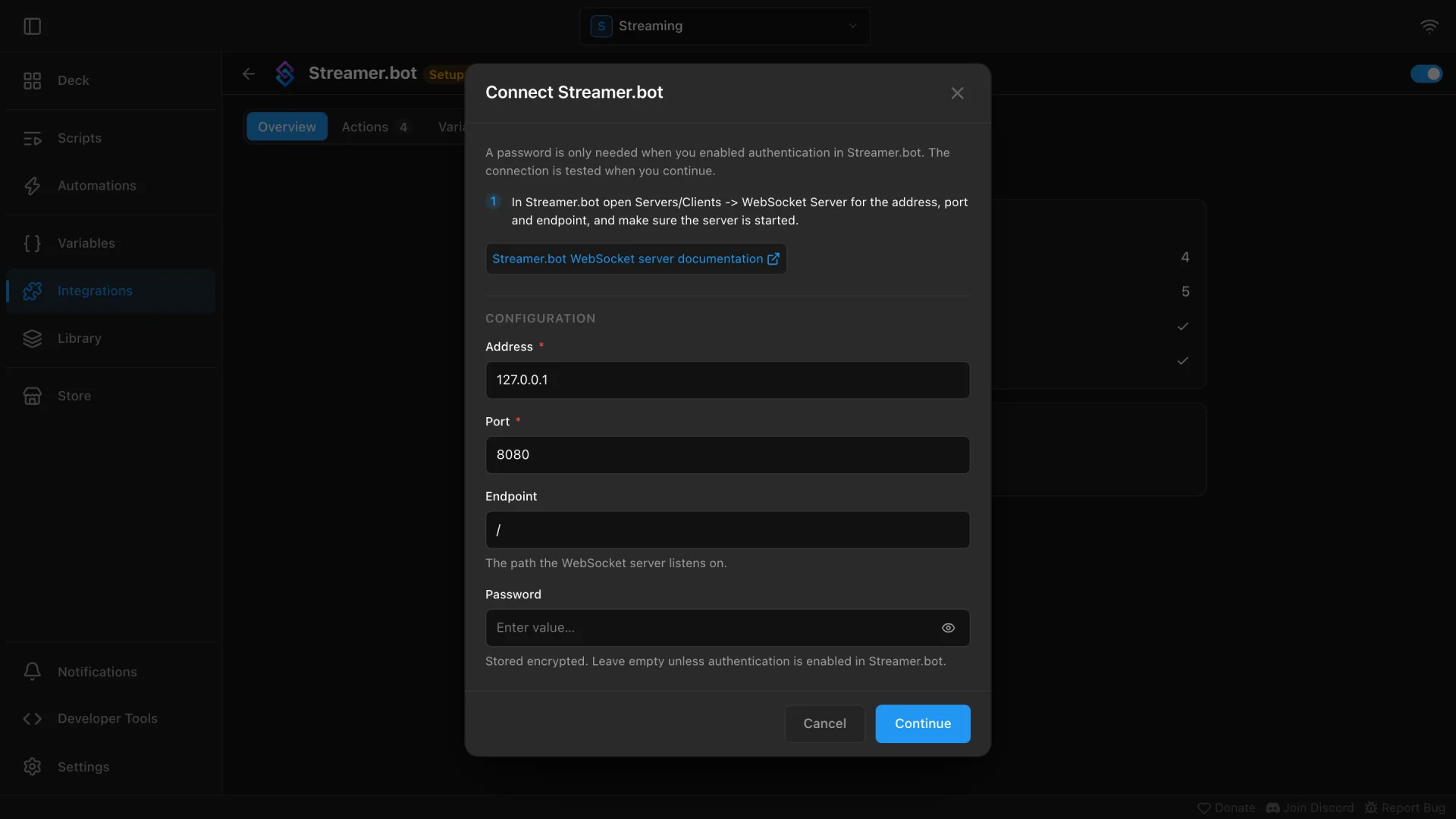 The Connect Streamer.bot dialog with address, port, endpoint and password