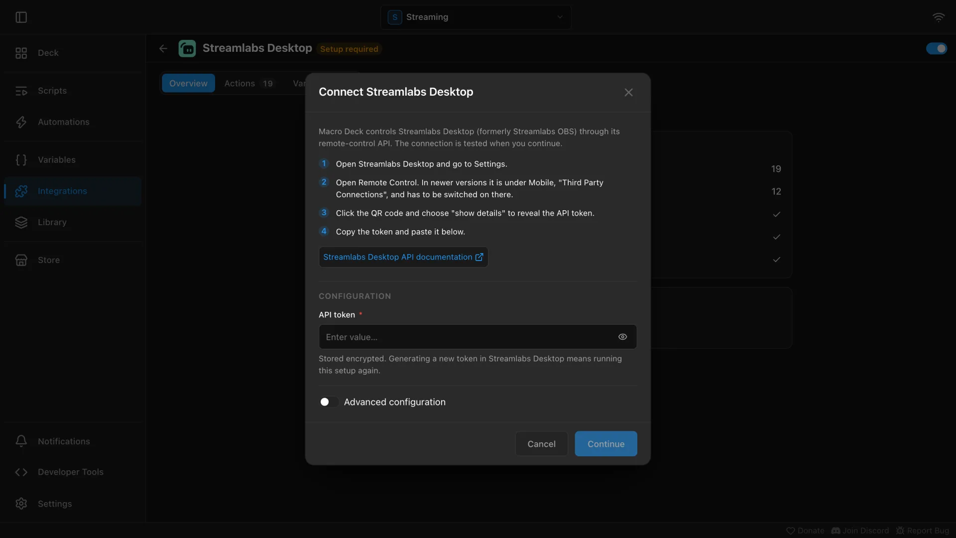 The Connect Streamlabs Desktop dialog with the API token field