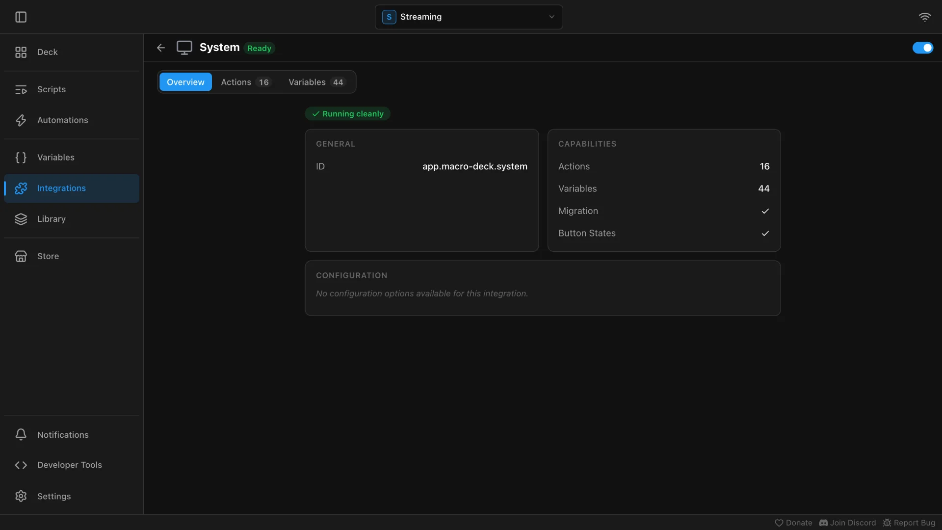 The System integration page with the switch turned on and no configuration options