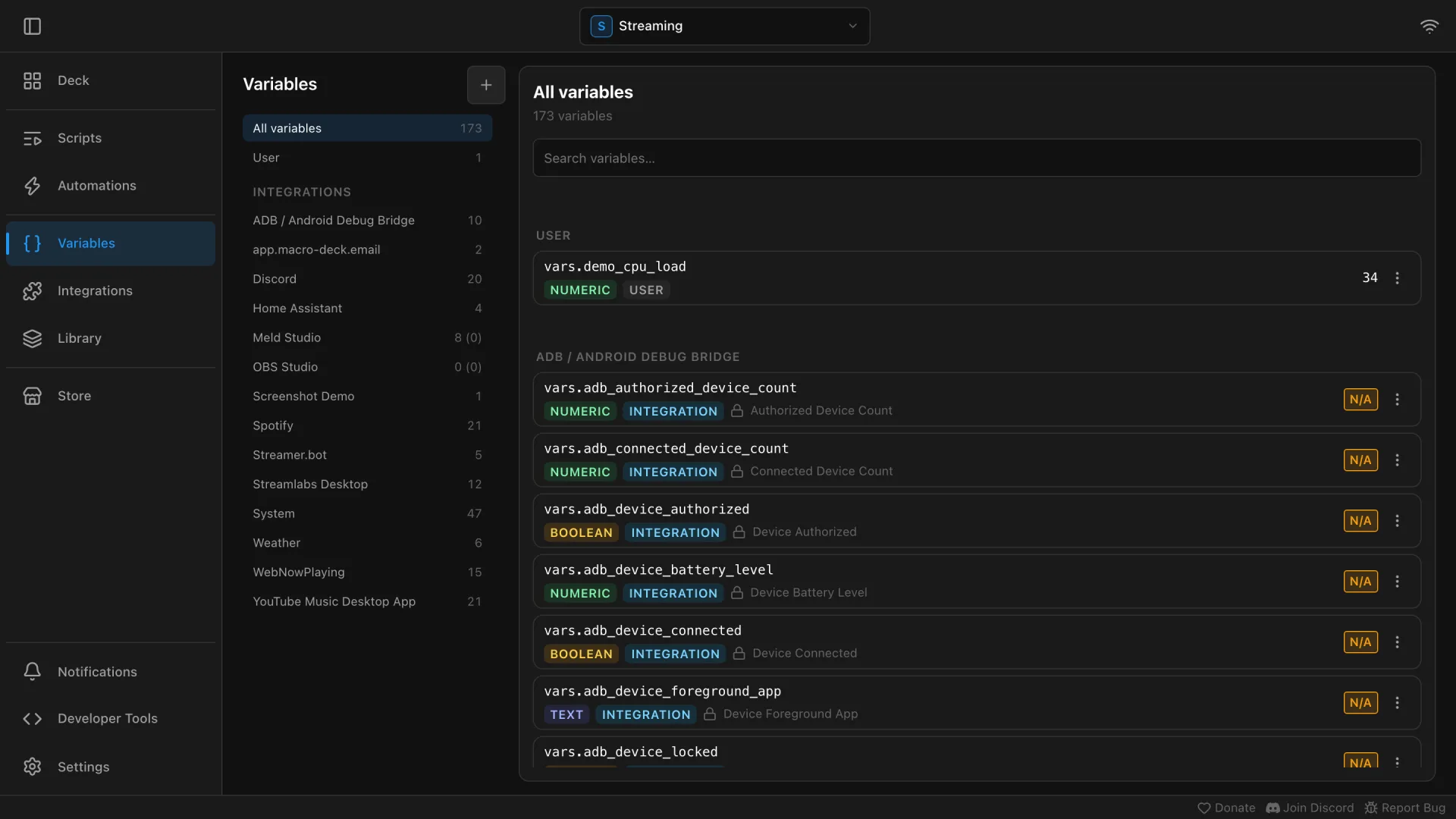 The Variables page, with the variables of every integration