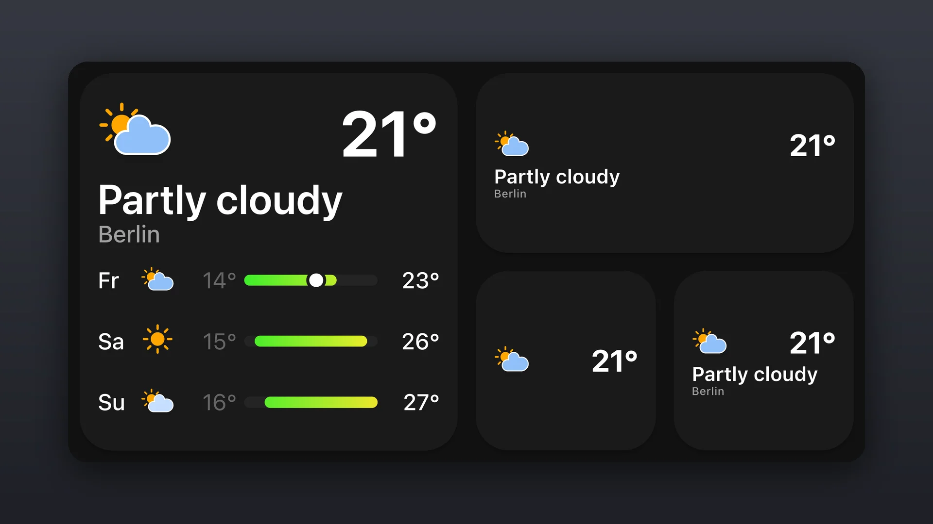Weather widgets in four sizes, the largest with the current conditions and a three-day forecast