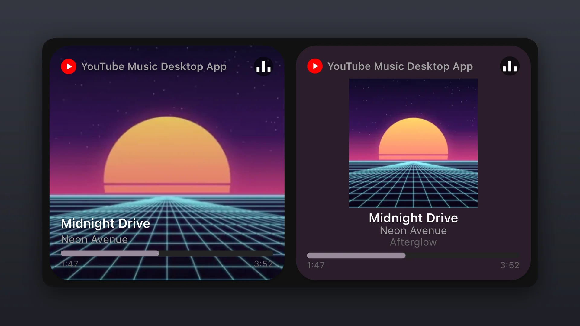Zwei Widgets Musik-Player, die einen Titel spielen, eines im Stil Vollflächiges Cover und eines im Stil Kleines Cover, beide mit Name und Logo von YouTube Music Desktop App in der Kopfzeile