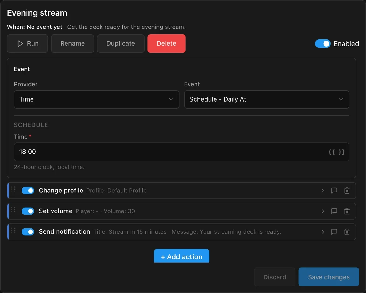 The automation Evening stream: every day at 18:00 it changes the profile, sets the Spotify volume and sends a notification
