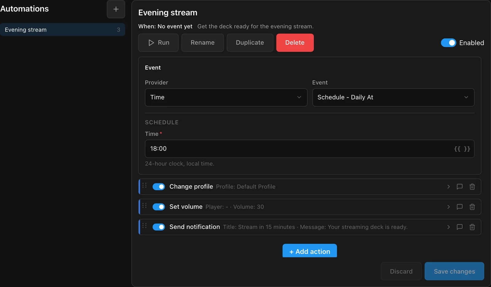 The automation Evening stream: every day at 18:00 it changes the profile, sets the Spotify volume and sends a notification