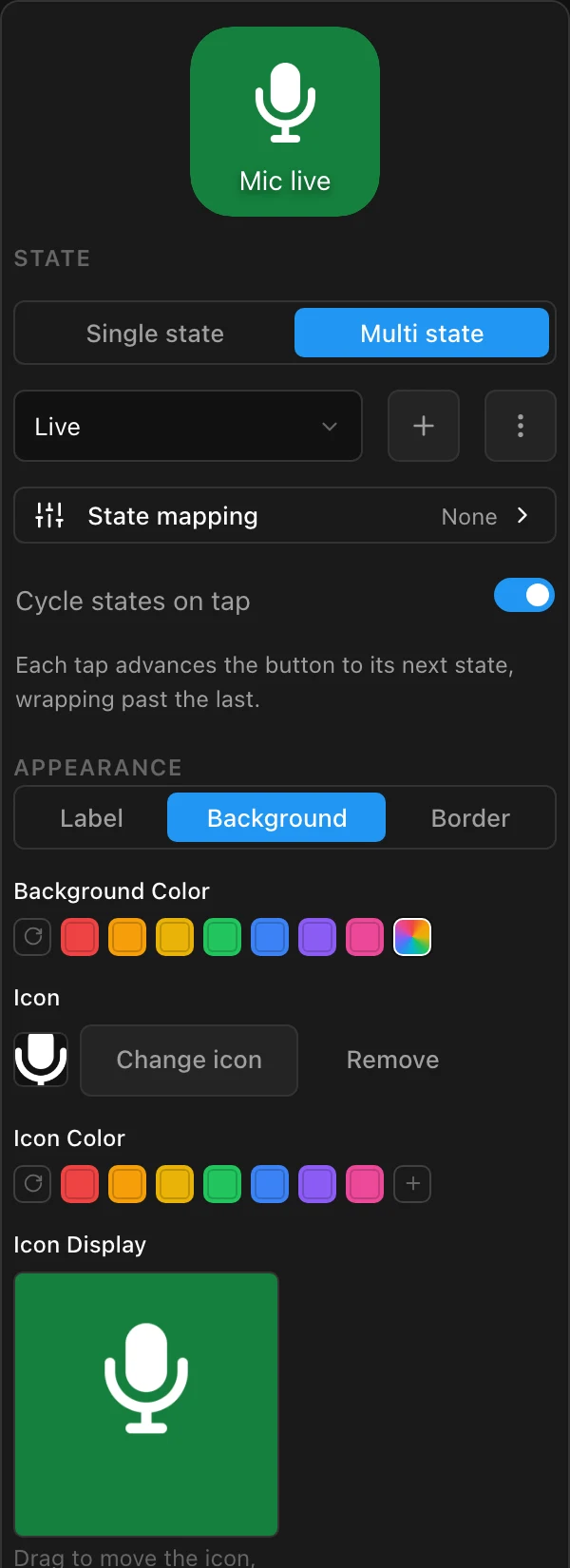 The appearance settings of a Mic button with two states: background color, icon, icon color and icon framing