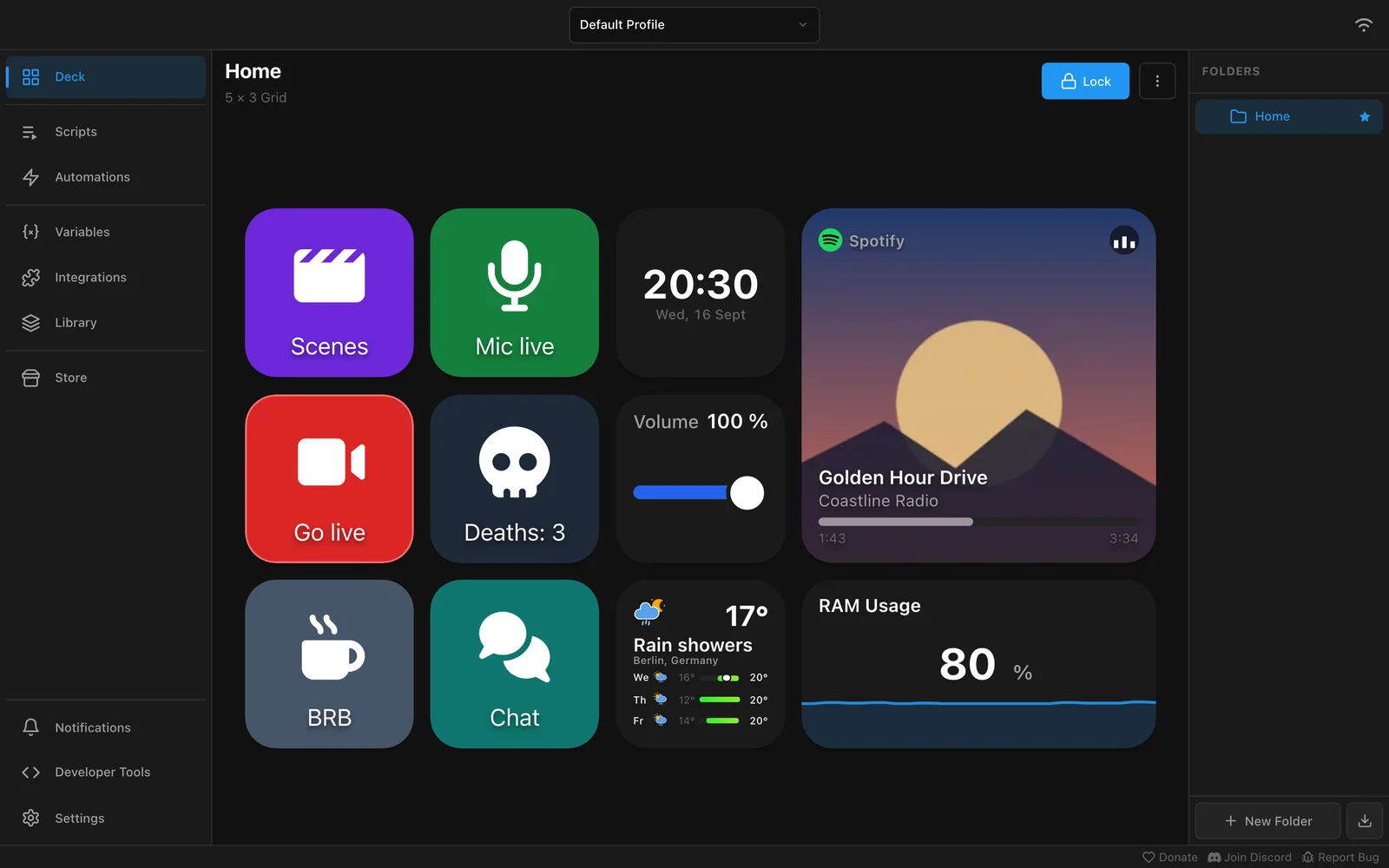 The Macro Deck 3 deck editor: folder buttons, a mic button, a counter, a volume slider, a clock, a CPU graph and the weather