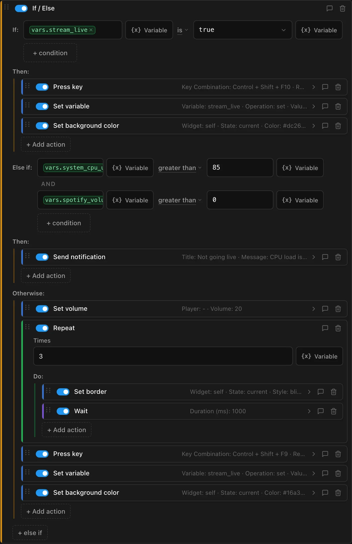 The action flow of a Go live button: an If / Else with an Else if that combines two conditions, and an Otherwise branch with a Repeat loop, a Wait, hotkeys, variables and color changes