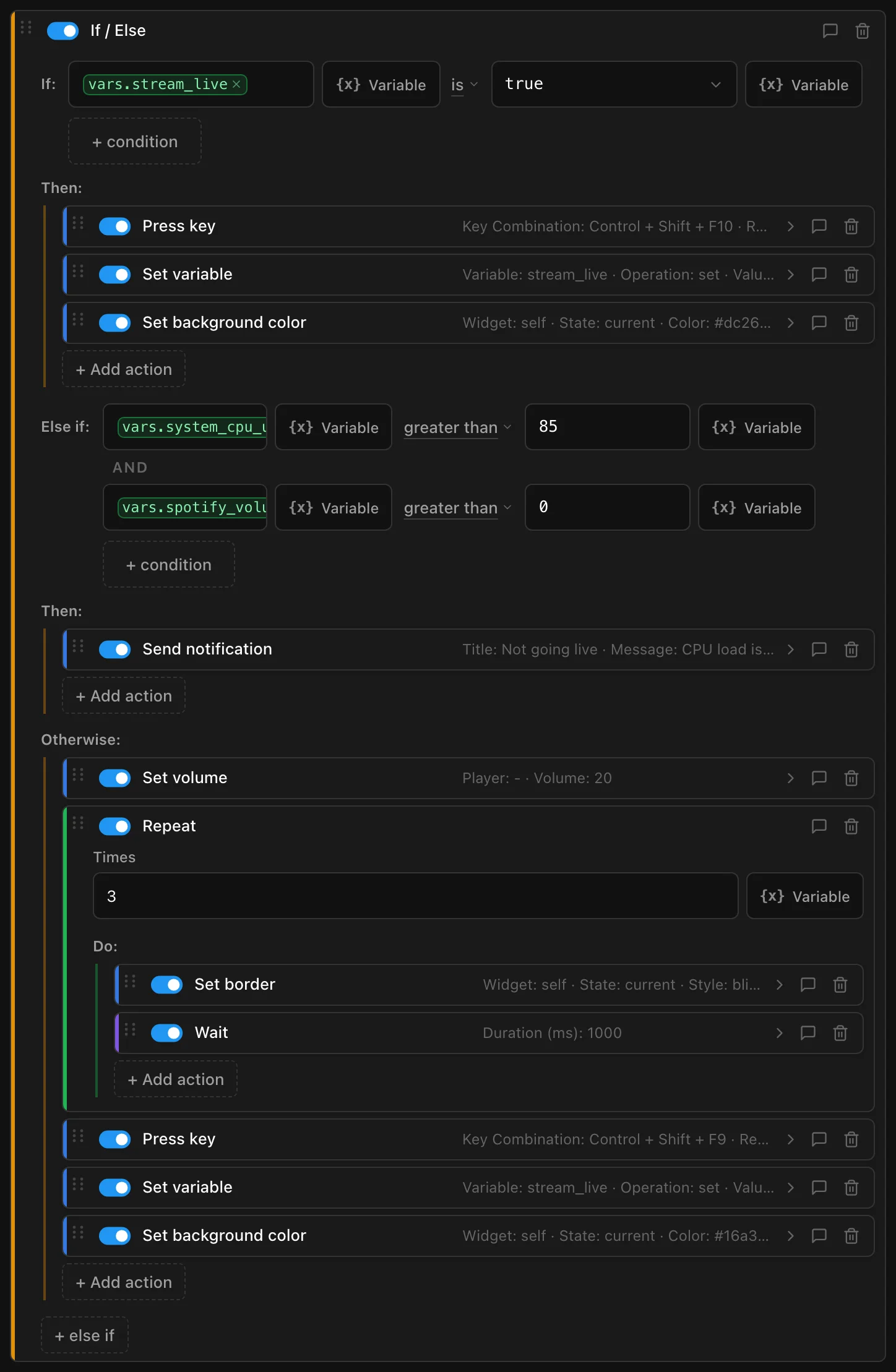 The action flow of a Go live button: an If / Else with an Else if that combines two conditions, and an Otherwise branch with a Repeat loop, a Wait, hotkeys, variables and color changes